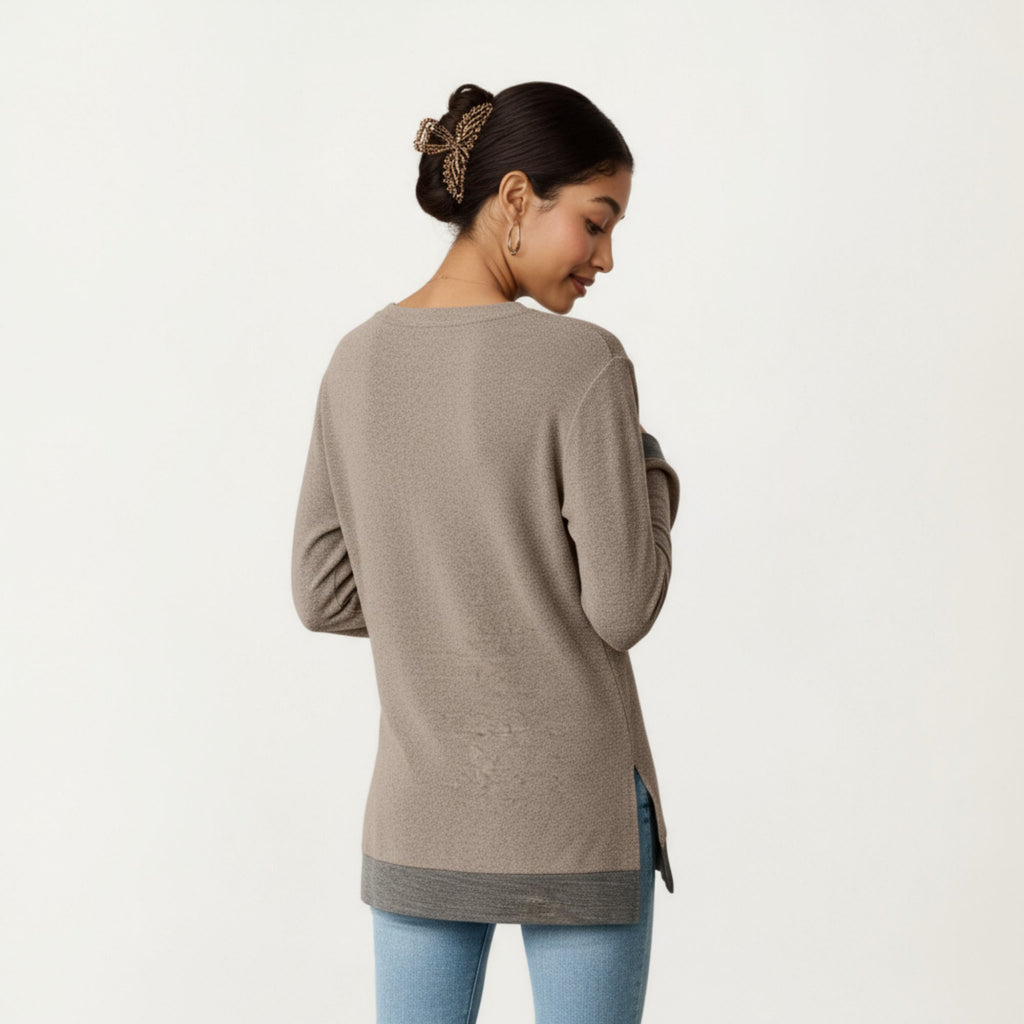 Anna-Kaci Women's Long Sleeve V-Neck Top with Contrast Crochet Trim and Relaxed Hem