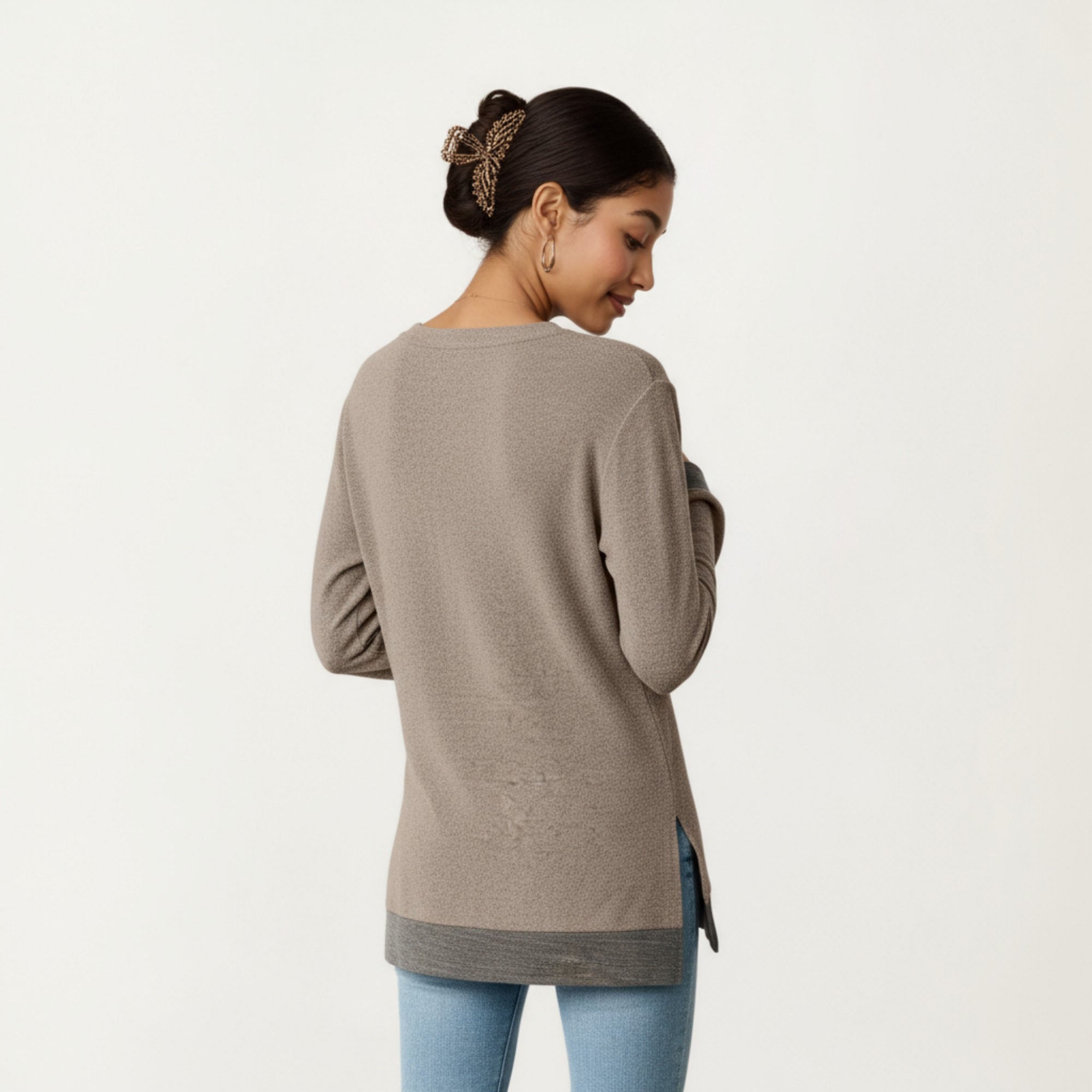 Anna-Kaci Women's Long Sleeve V-Neck Top with Contrast Crochet Trim and Relaxed Hem