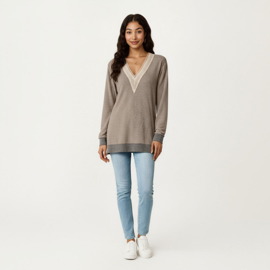 Anna-Kaci Women's Long Sleeve V-Neck Top with Contrast Crochet Trim and Relaxed Hem