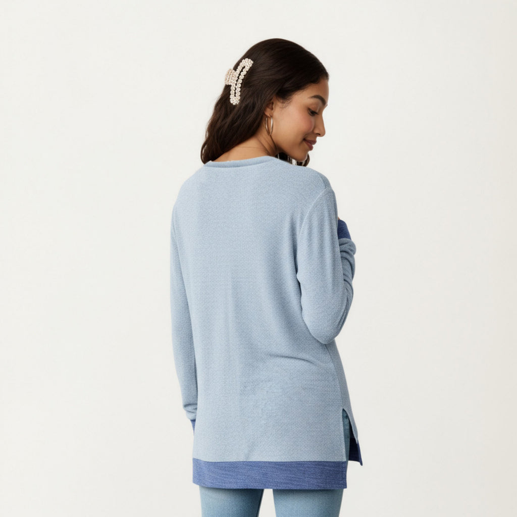 Anna-Kaci Women's Long Sleeve V-Neck Top with Contrast Crochet Trim and Relaxed Hem