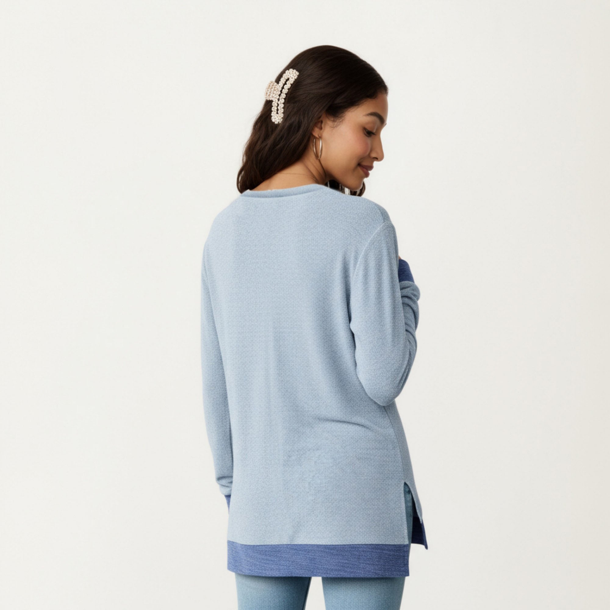 Anna-Kaci Women's Long Sleeve V-Neck Top with Contrast Crochet Trim and Relaxed Hem