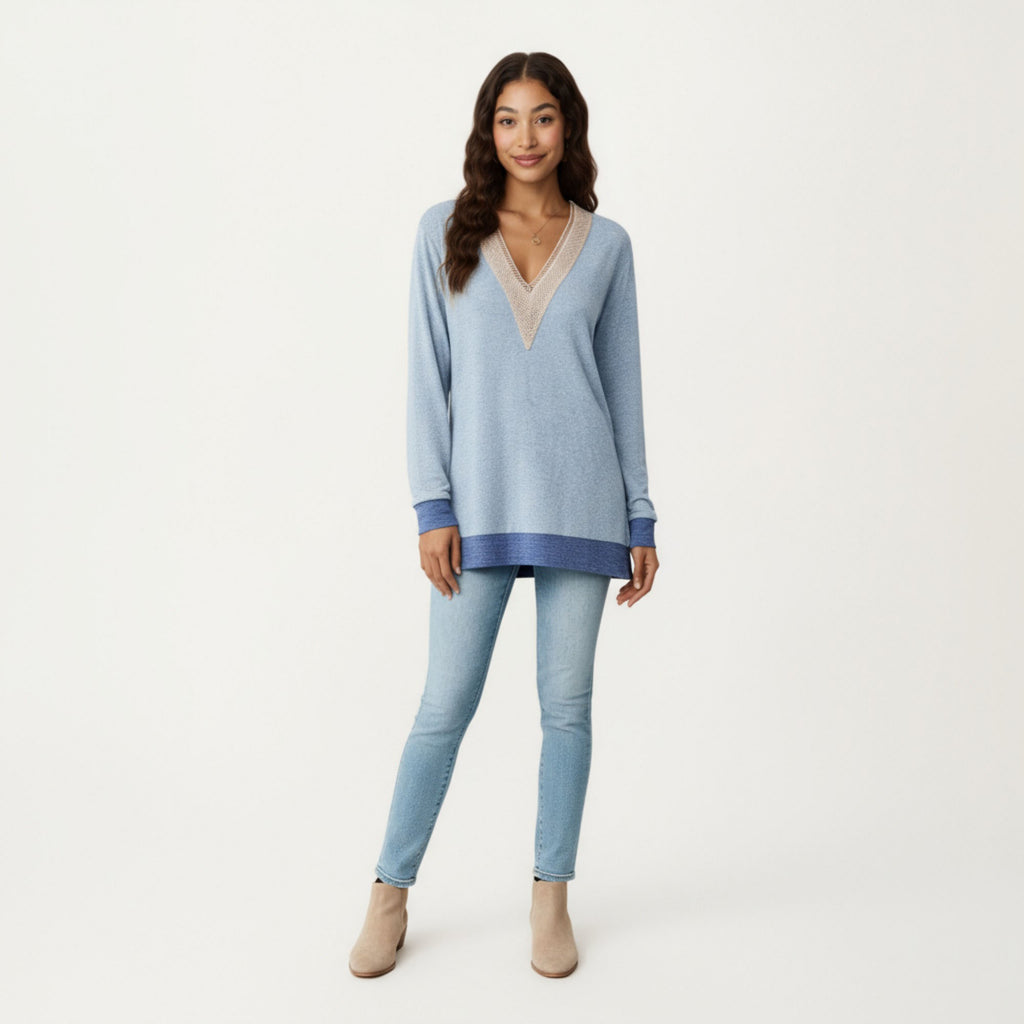 Anna-Kaci Women's Long Sleeve V-Neck Top with Contrast Crochet Trim and Relaxed Hem