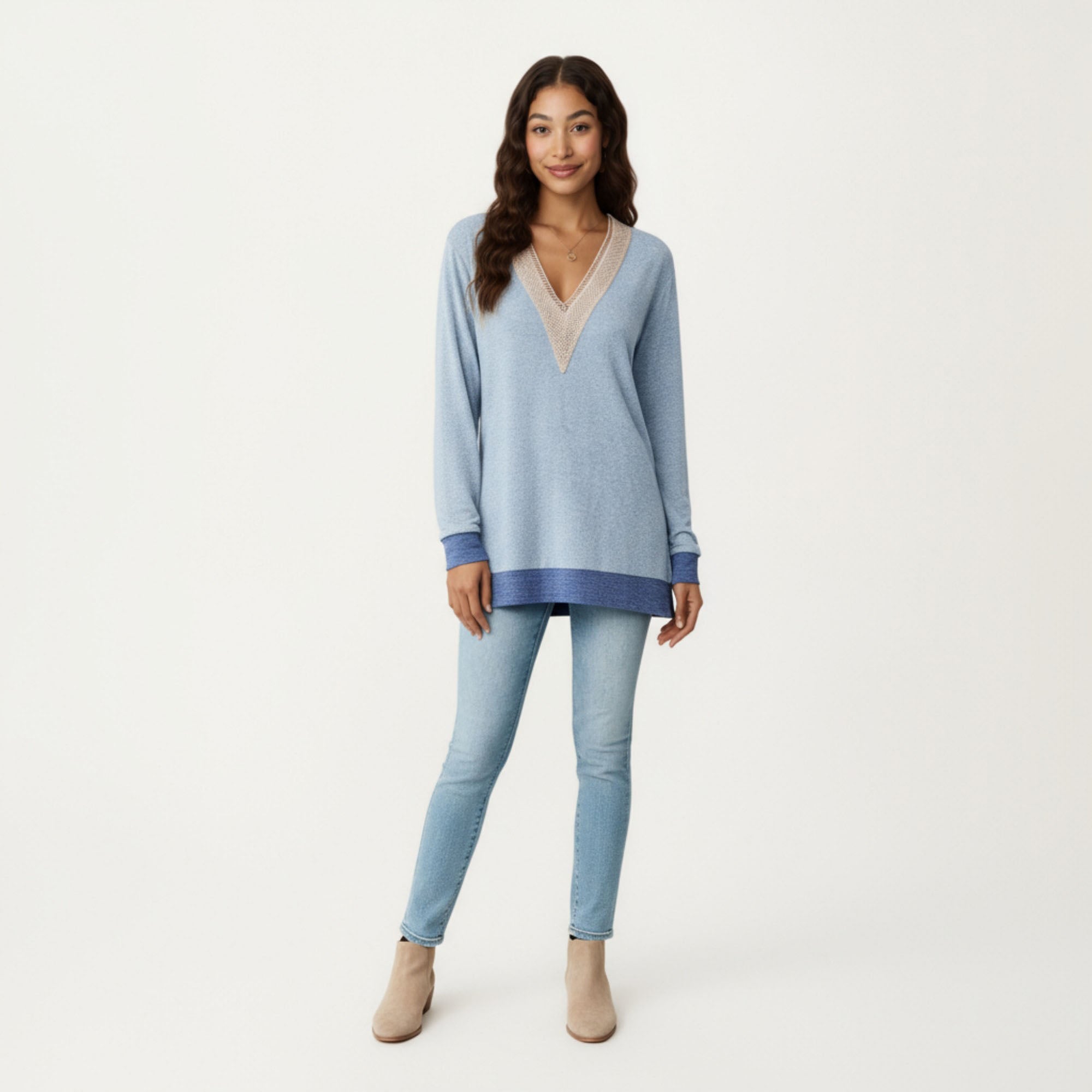 Anna-Kaci Women's Long Sleeve V-Neck Top with Contrast Crochet Trim and Relaxed Hem