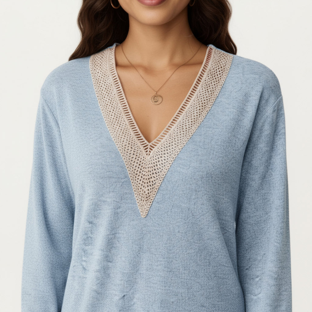 Anna-Kaci Women's Long Sleeve V-Neck Top with Contrast Crochet Trim and Relaxed Hem