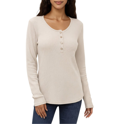 Anna-Kaci Women's Long Sleeve Button-Front Scoop Neck Top with Textured Knit Design