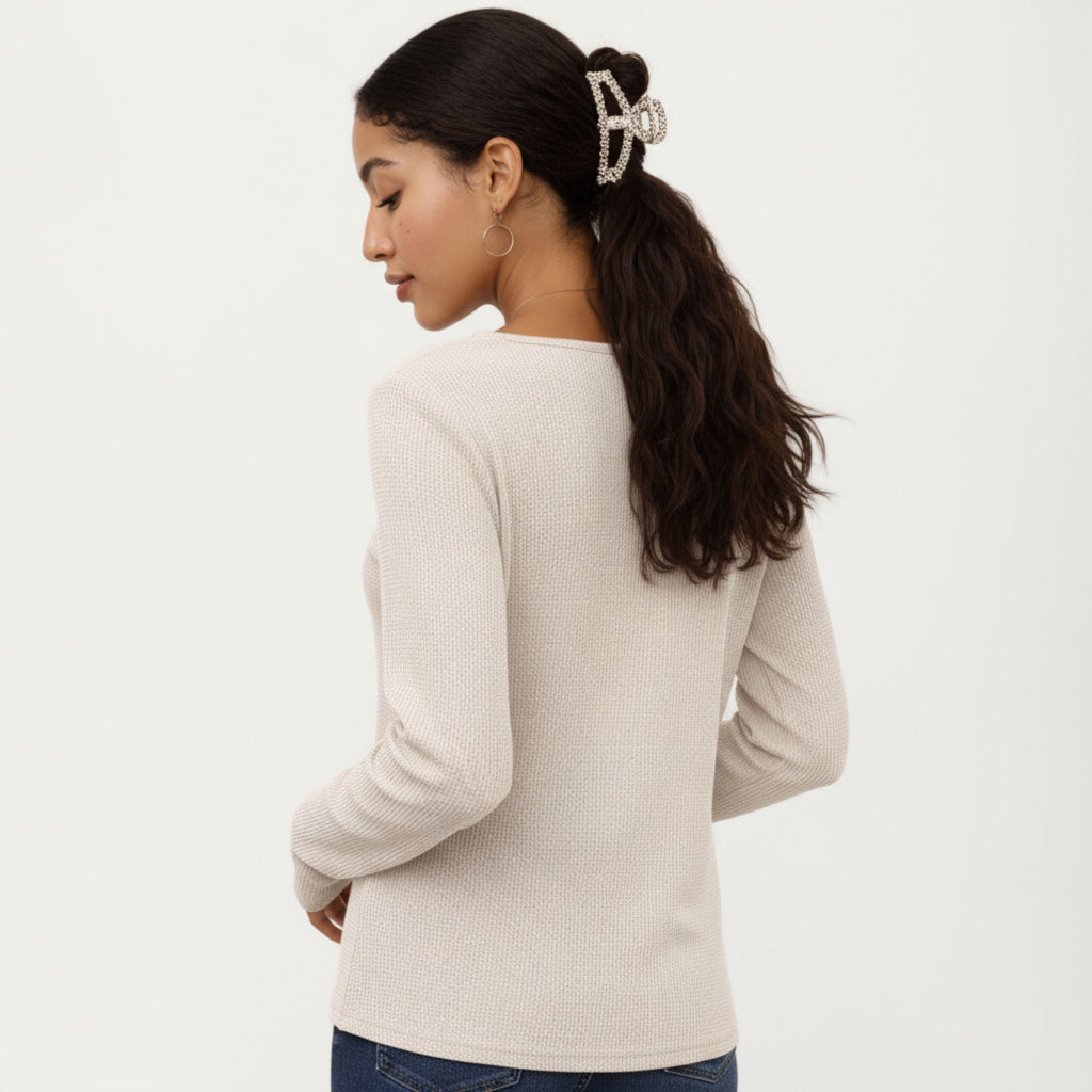 Anna-Kaci Women's Long Sleeve Button-Front Scoop Neck Top with Textured Knit Design