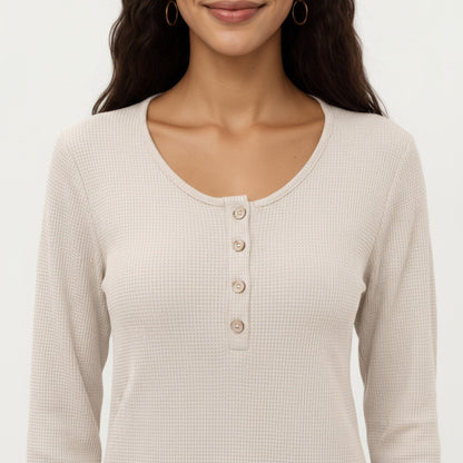 Anna-Kaci Women's Long Sleeve Button-Front Scoop Neck Top with Textured Knit Design