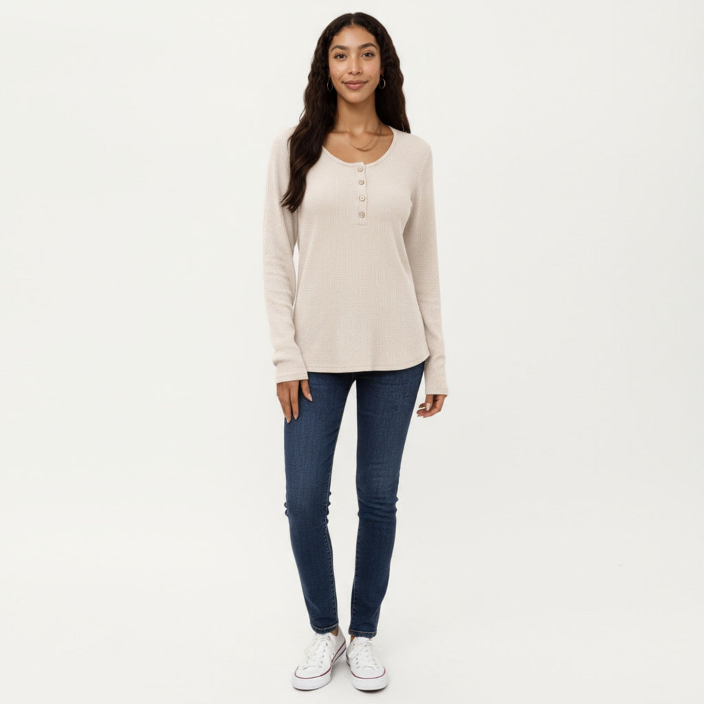 Anna-Kaci Women's Long Sleeve Button-Front Scoop Neck Top with Textured Knit Design