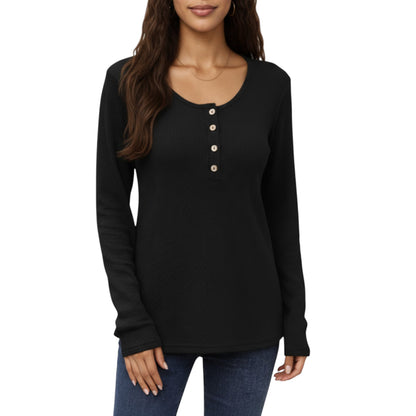 Anna-Kaci Women's Long Sleeve Button-Front Scoop Neck Top with Textured Knit Design