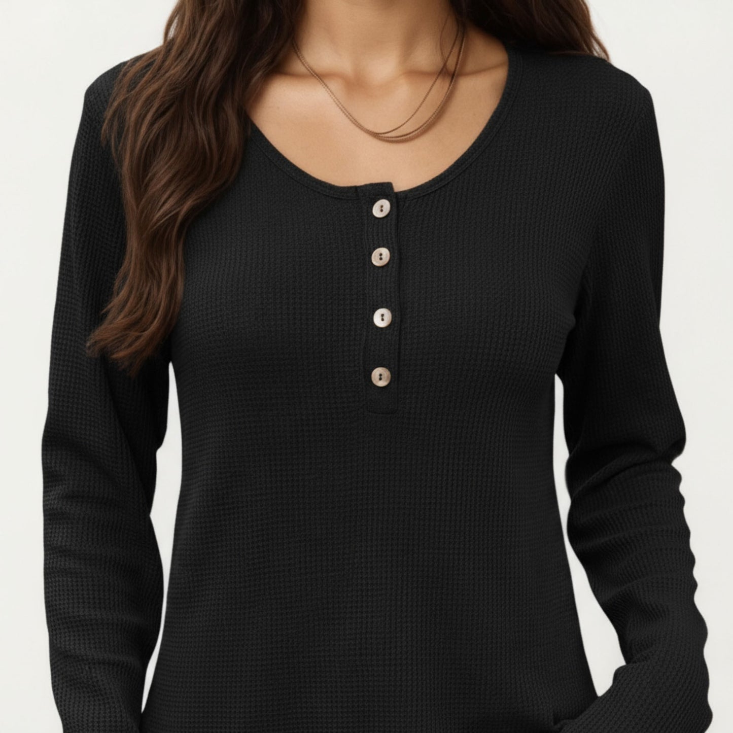 Anna-Kaci Women's Long Sleeve Button-Front Scoop Neck Top with Textured Knit Design