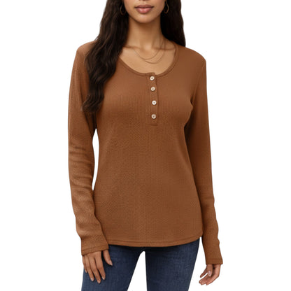Anna-Kaci Women's Long Sleeve Button-Front Scoop Neck Top with Textured Knit Design