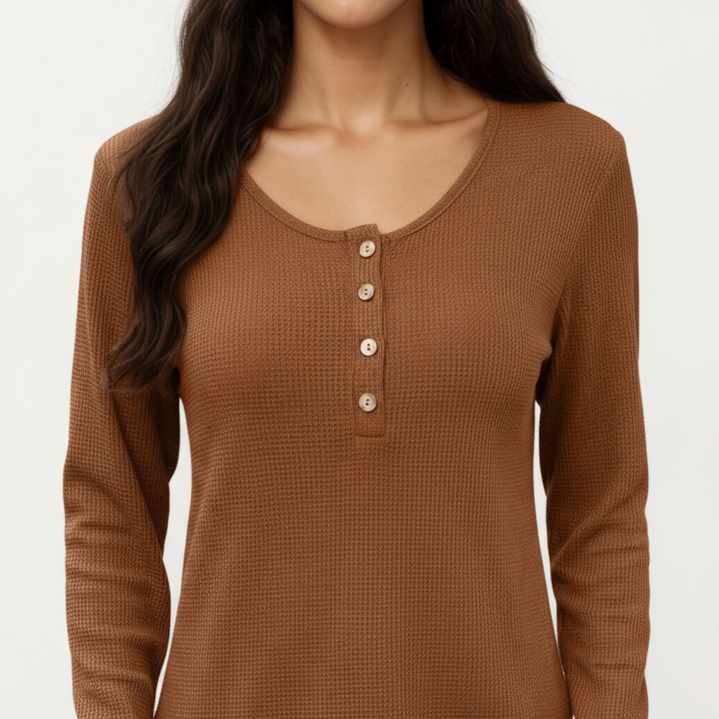 Anna-Kaci Women's Long Sleeve Button-Front Scoop Neck Top with Textured Knit Design