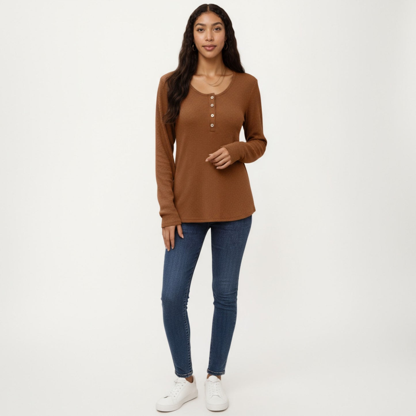 Anna-Kaci Women's Long Sleeve Button-Front Scoop Neck Top with Textured Knit Design