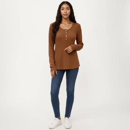 Anna-Kaci Women's Long Sleeve Button-Front Scoop Neck Top with Textured Knit Design