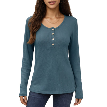 Anna-Kaci Women's Long Sleeve Button-Front Scoop Neck Top with Textured Knit Design