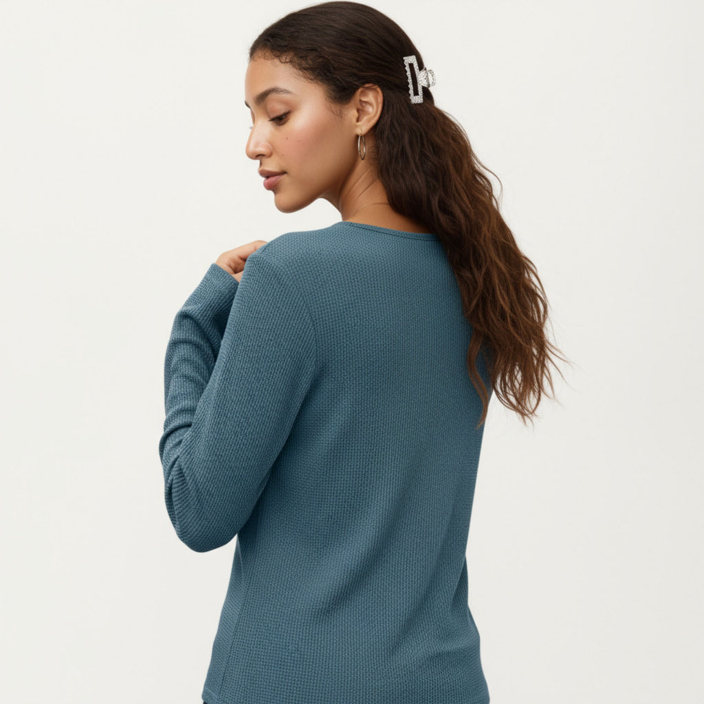 Anna-Kaci Women's Long Sleeve Button-Front Scoop Neck Top with Textured Knit Design