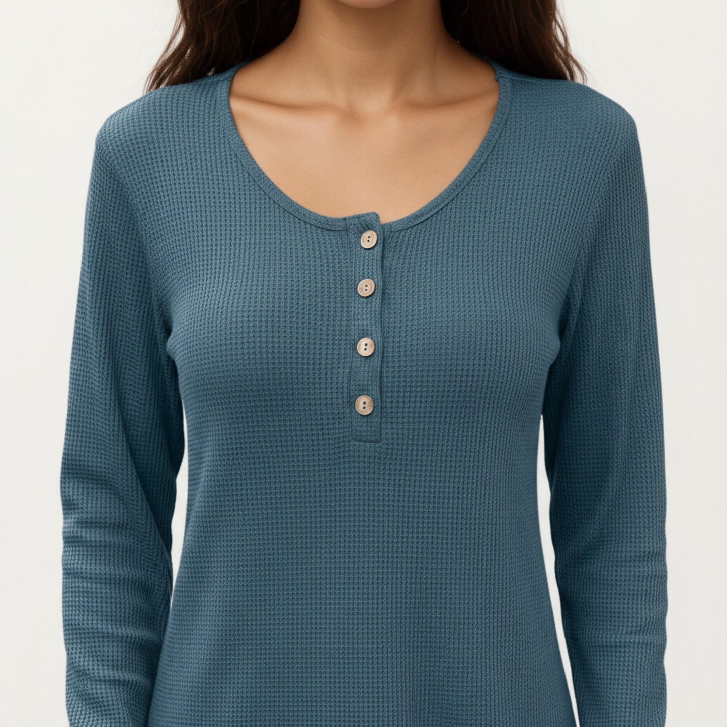 Anna-Kaci Women's Long Sleeve Button-Front Scoop Neck Top with Textured Knit Design
