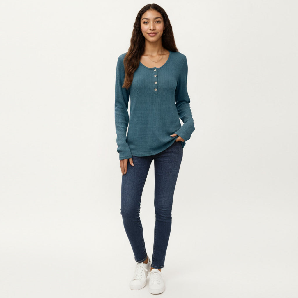 Anna-Kaci Women's Long Sleeve Button-Front Scoop Neck Top with Textured Knit Design