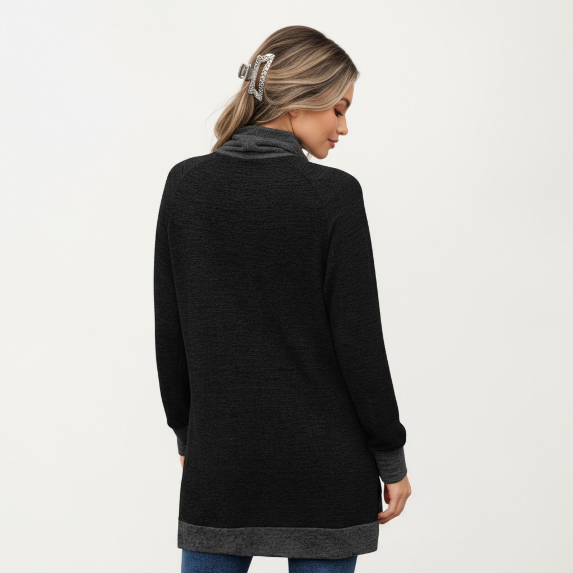 Anna-Kaci Women's Long Sleeve Cowl Neck Top with Contrast Cuffs and Hem