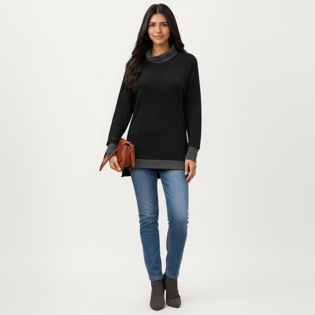 Anna-Kaci Women's Long Sleeve Cowl Neck Top with Contrast Cuffs and Hem