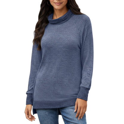 Anna-Kaci Women's Long Sleeve Cowl Neck Top with Contrast Cuffs and Hem
