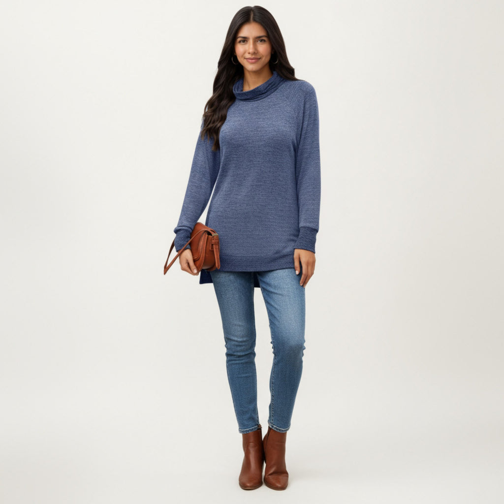 Anna-Kaci Women's Long Sleeve Cowl Neck Top with Contrast Cuffs and Hem