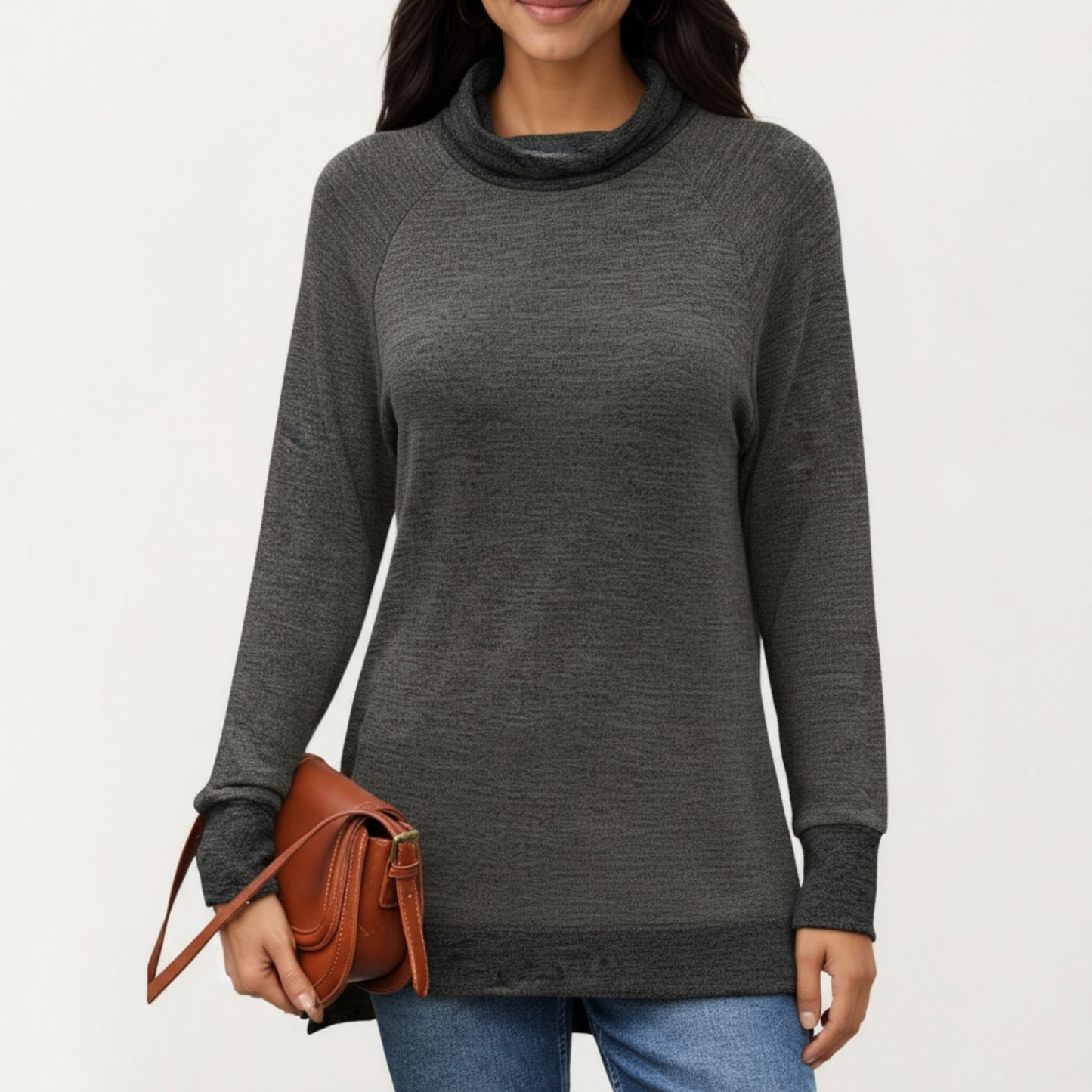Anna-Kaci Women's Long Sleeve Cowl Neck Top with Contrast Cuffs and Hem