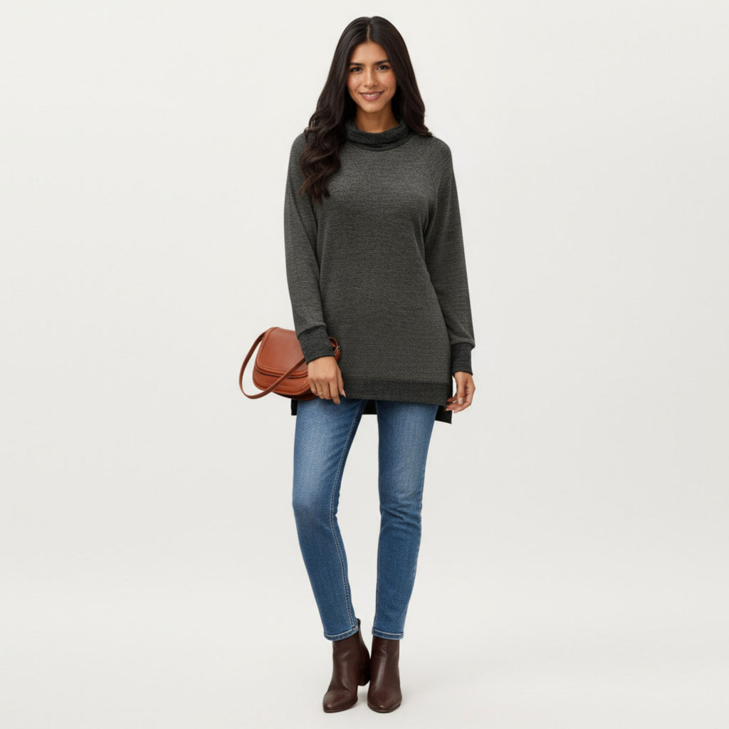 Anna-Kaci Women's Long Sleeve Cowl Neck Top with Contrast Cuffs and Hem