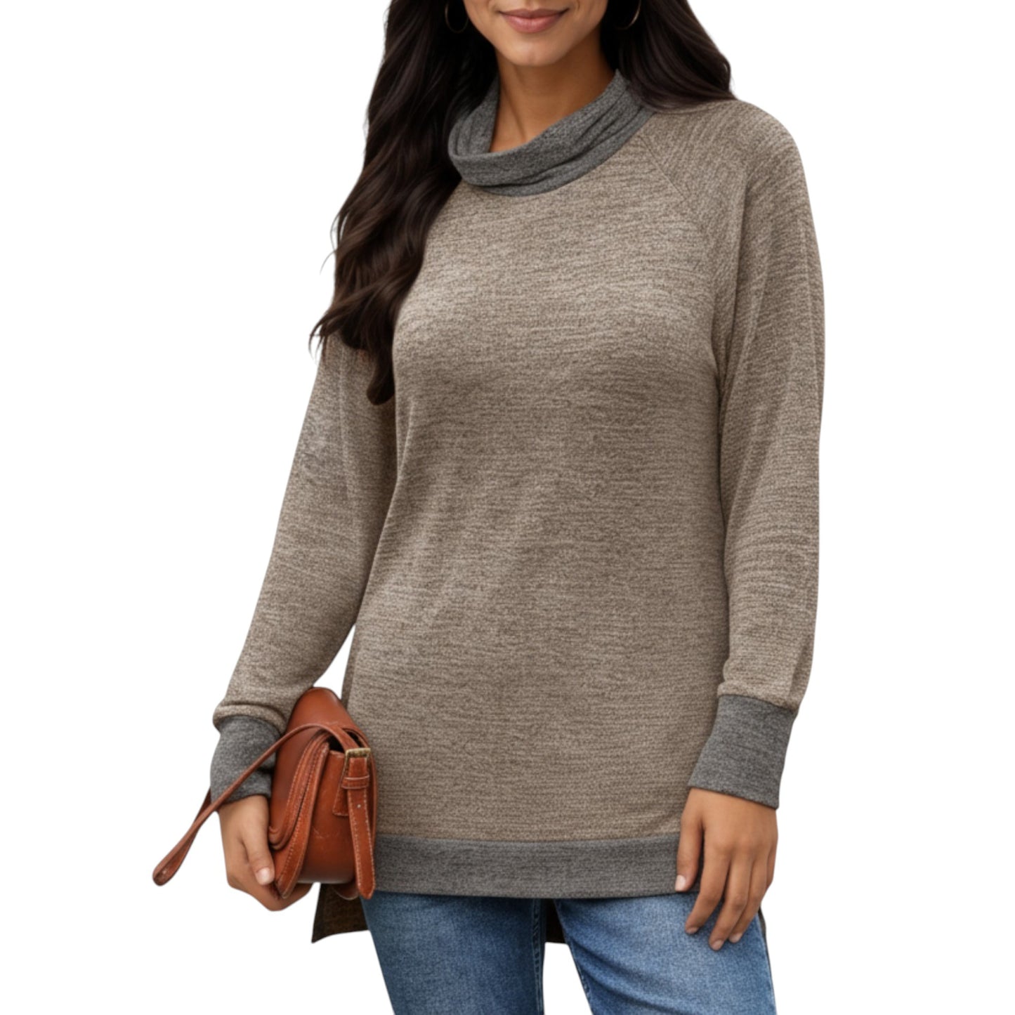 Anna-Kaci Women's Long Sleeve Cowl Neck Top with Contrast Cuffs and Hem