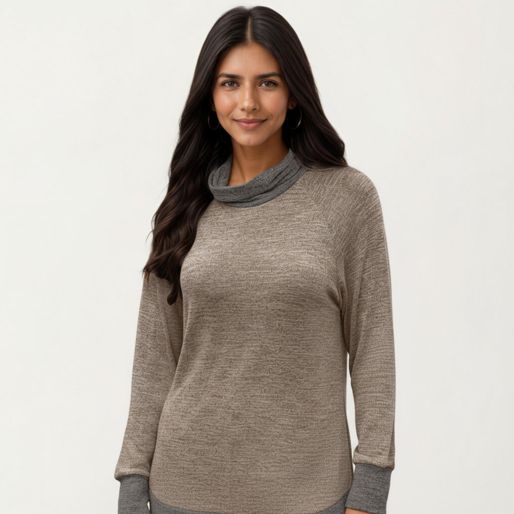 Anna-Kaci Women's Long Sleeve Cowl Neck Top with Contrast Cuffs and Hem