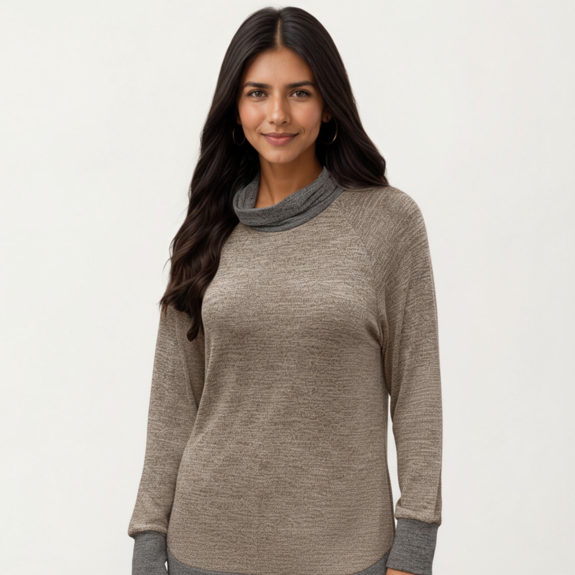 Anna-Kaci Women's Long Sleeve Cowl Neck Top with Contrast Cuffs and Hem