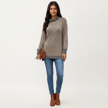 Anna-Kaci Women's Long Sleeve Cowl Neck Top with Contrast Cuffs and Hem