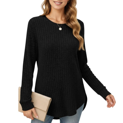 Anna-Kaci Women's Long Sleeve Ribbed Knit Top with Rounded Hem and Relaxed Fit
