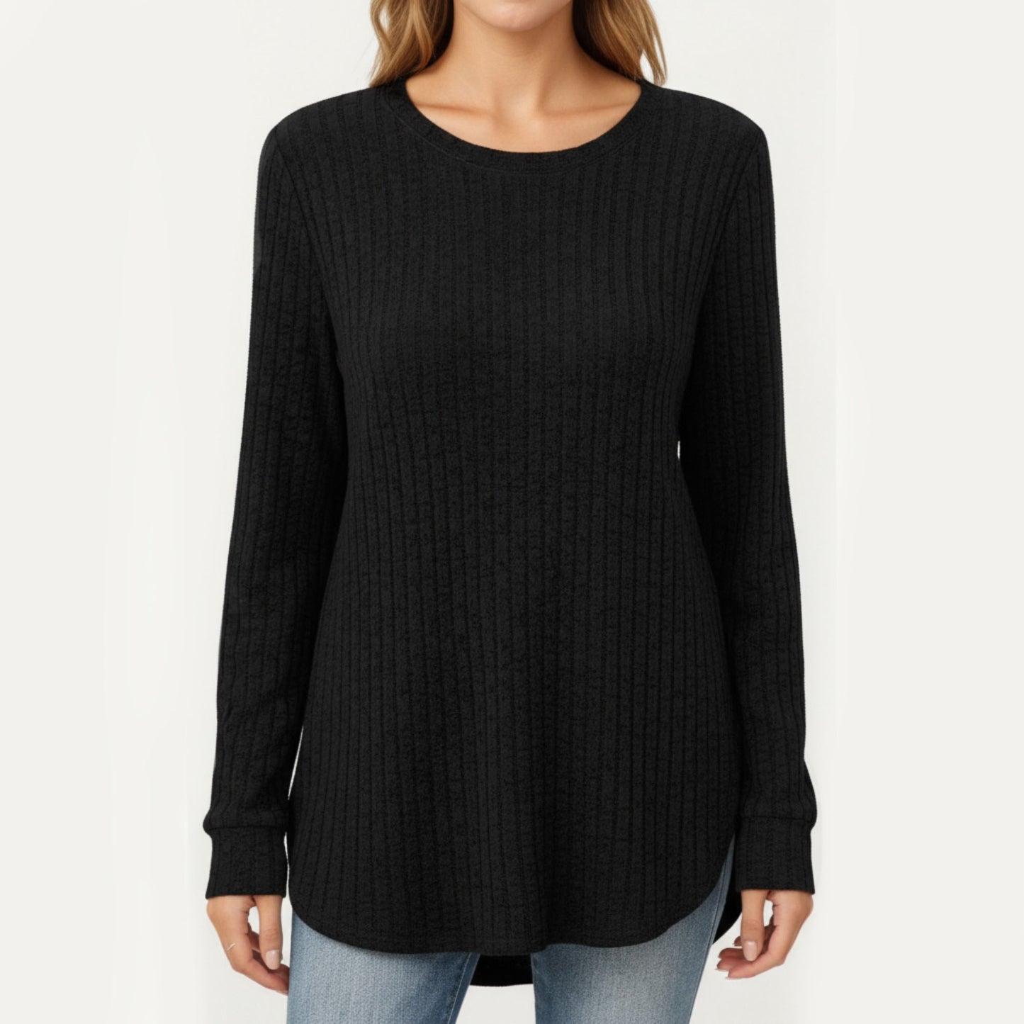 Anna-Kaci Women's Long Sleeve Ribbed Knit Top with Rounded Hem and Relaxed Fit