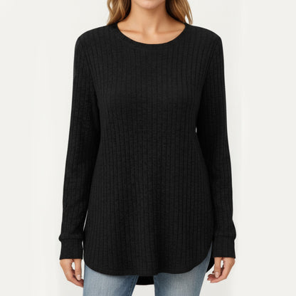 Anna-Kaci Women's Long Sleeve Ribbed Knit Top with Rounded Hem and Relaxed Fit