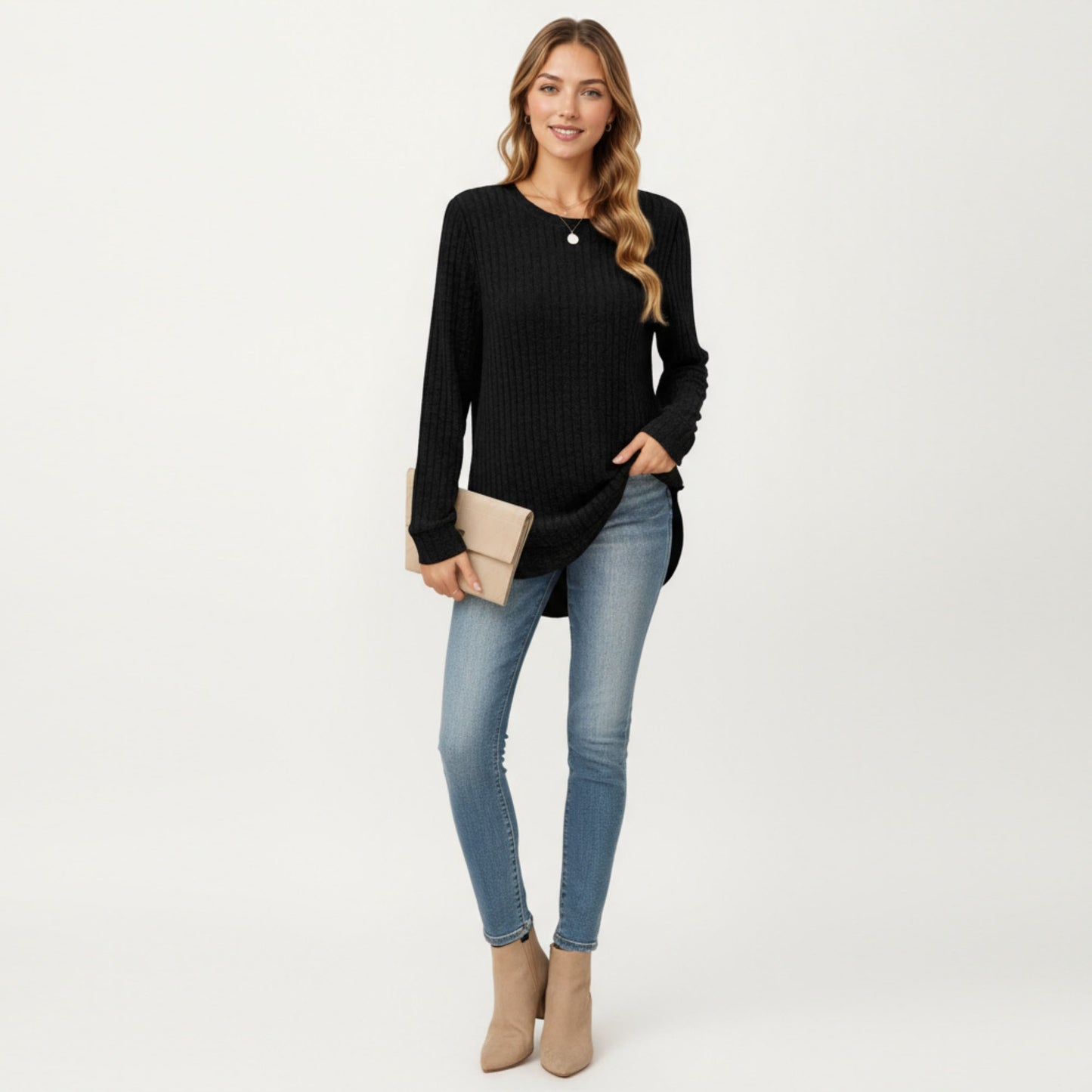 Anna-Kaci Women's Long Sleeve Ribbed Knit Top with Rounded Hem and Relaxed Fit