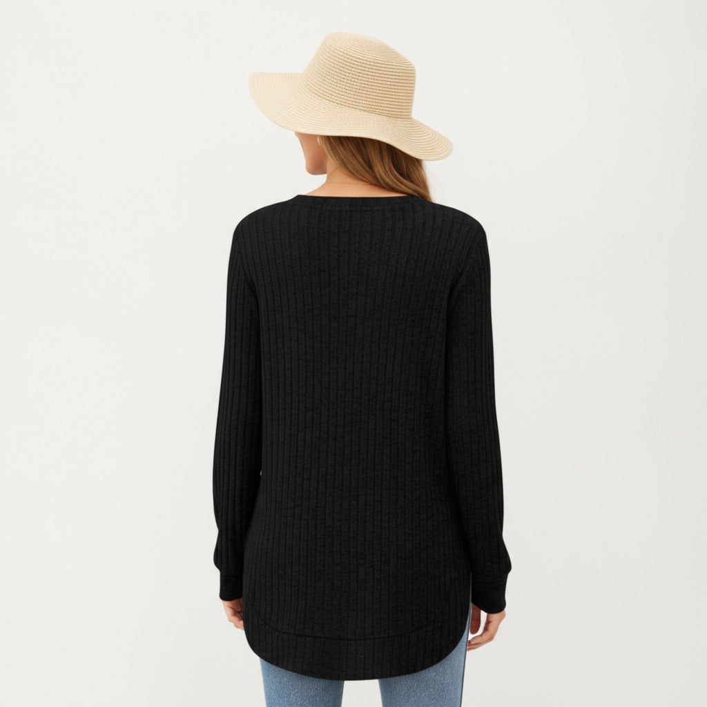 Anna-Kaci Women's Long Sleeve Ribbed Knit Top with Rounded Hem and Relaxed Fit
