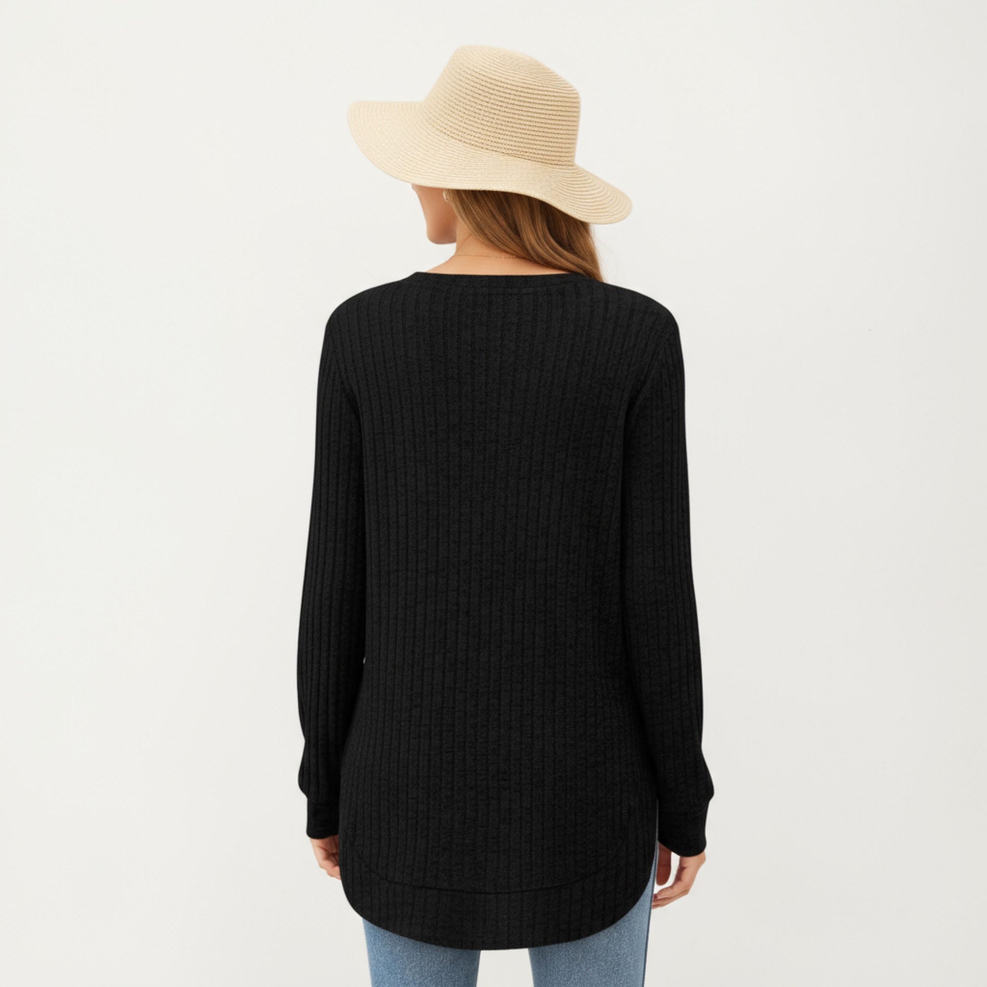 Anna-Kaci Women's Long Sleeve Ribbed Knit Top with Rounded Hem and Relaxed Fit
