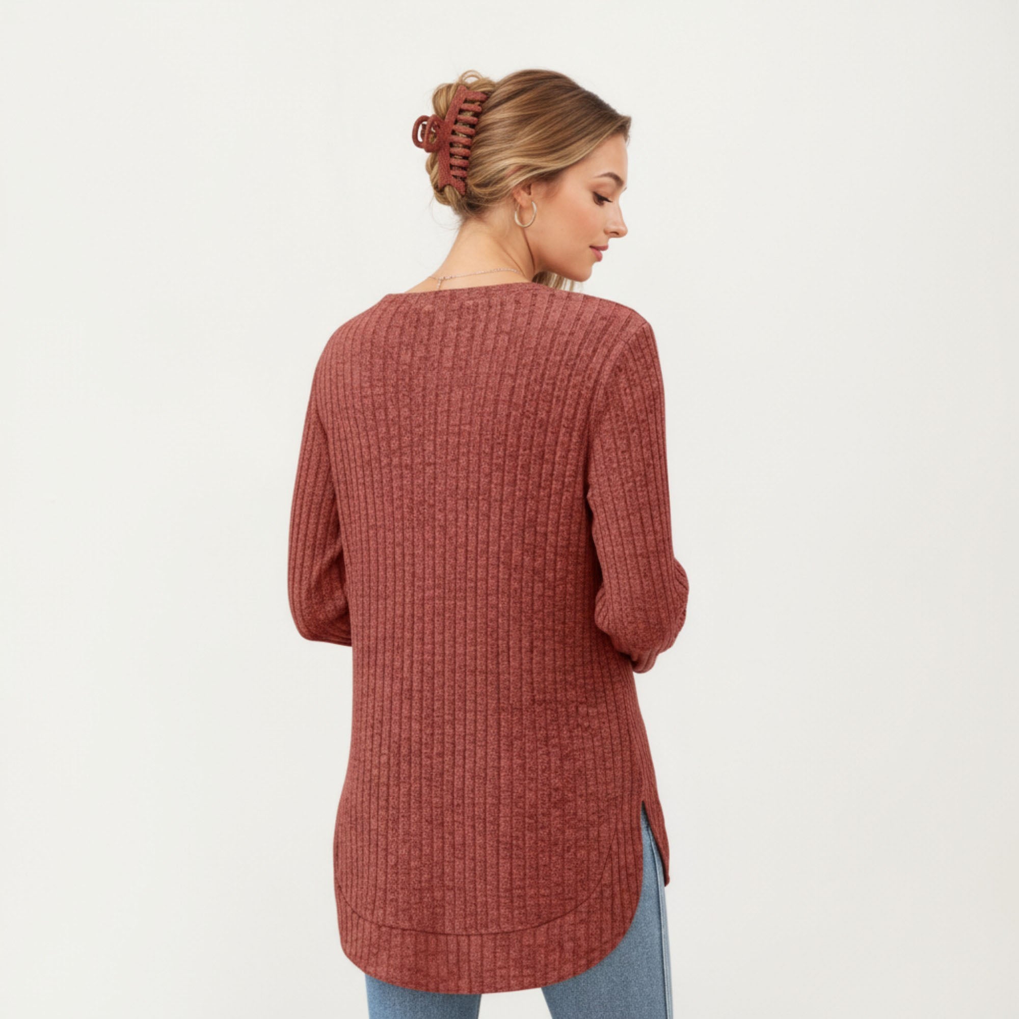 Anna-Kaci Women's Long Sleeve Ribbed Knit Top with Rounded Hem and Relaxed Fit