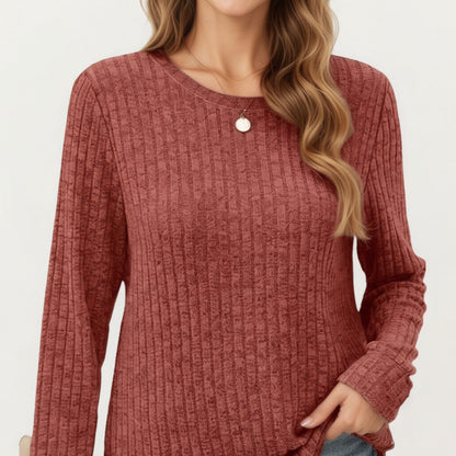 Anna-Kaci Women's Long Sleeve Ribbed Knit Top with Rounded Hem and Relaxed Fit