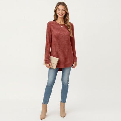 Anna-Kaci Women's Long Sleeve Ribbed Knit Top with Rounded Hem and Relaxed Fit