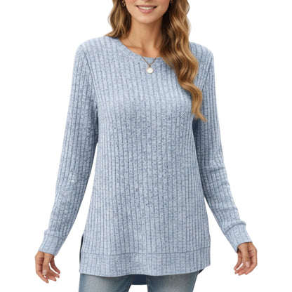 Anna-Kaci Women's Long Sleeve Ribbed Knit Top with Rounded Hem and Relaxed Fit