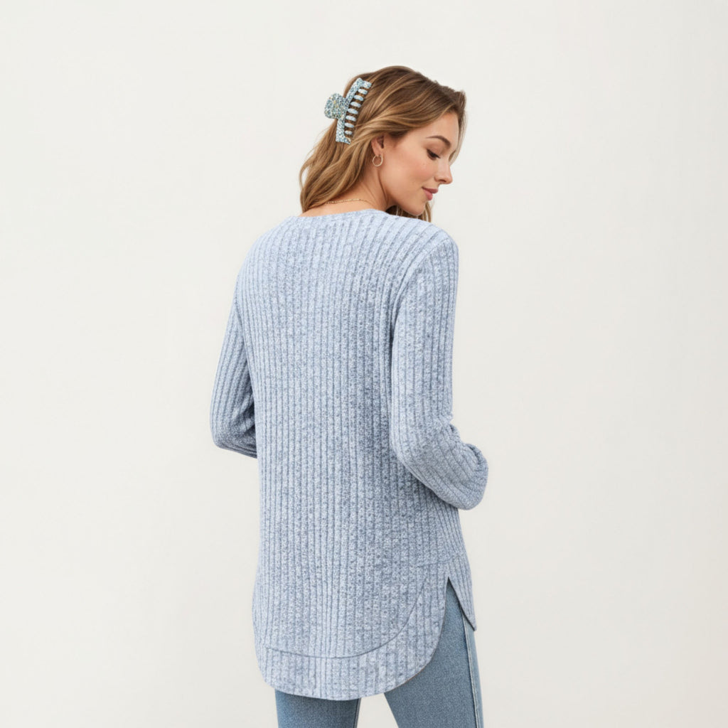 Anna-Kaci Women's Long Sleeve Ribbed Knit Top with Rounded Hem and Relaxed Fit