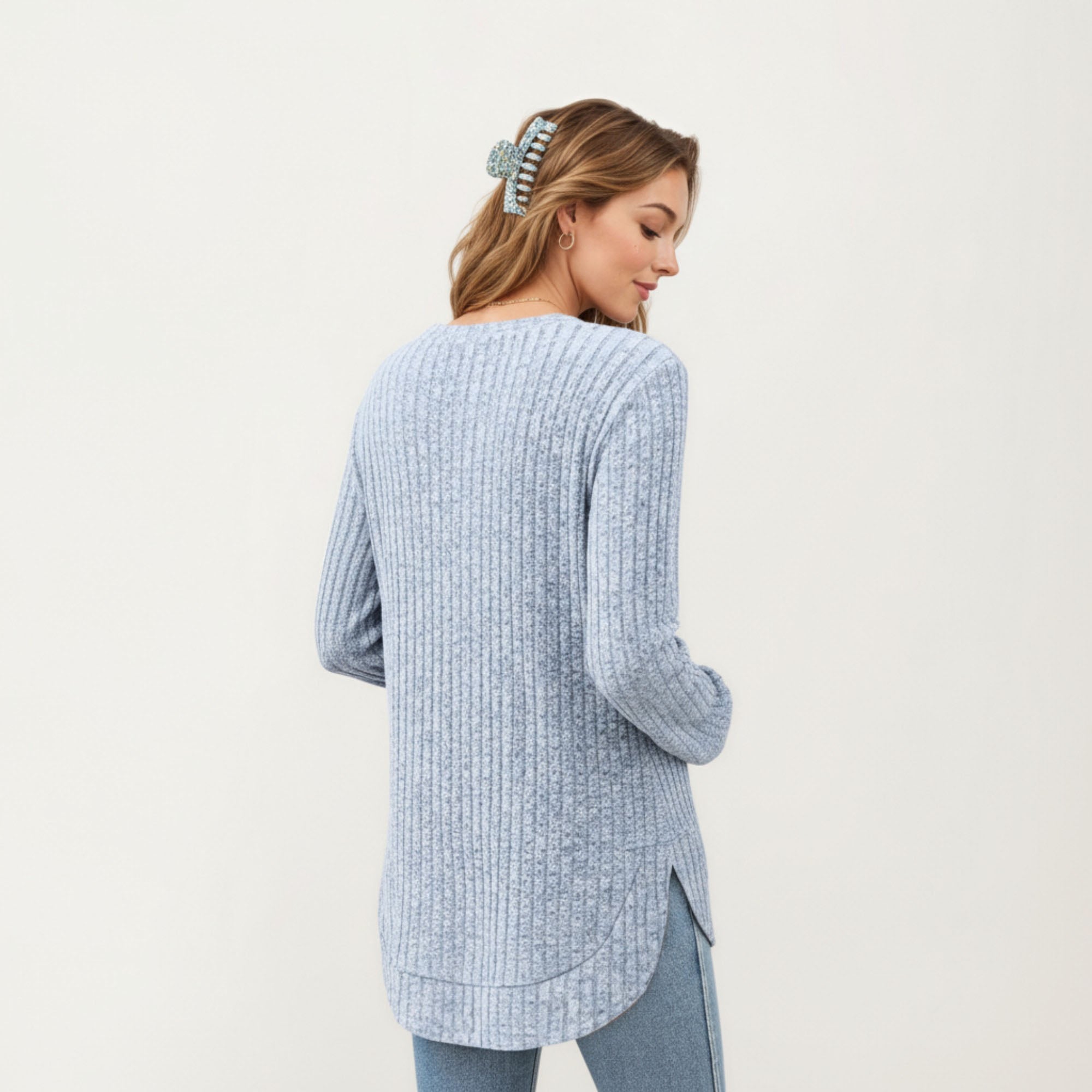 Anna-Kaci Women's Long Sleeve Ribbed Knit Top with Rounded Hem and Relaxed Fit