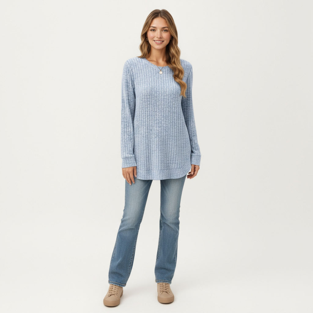 Anna-Kaci Women's Long Sleeve Ribbed Knit Top with Rounded Hem and Relaxed Fit