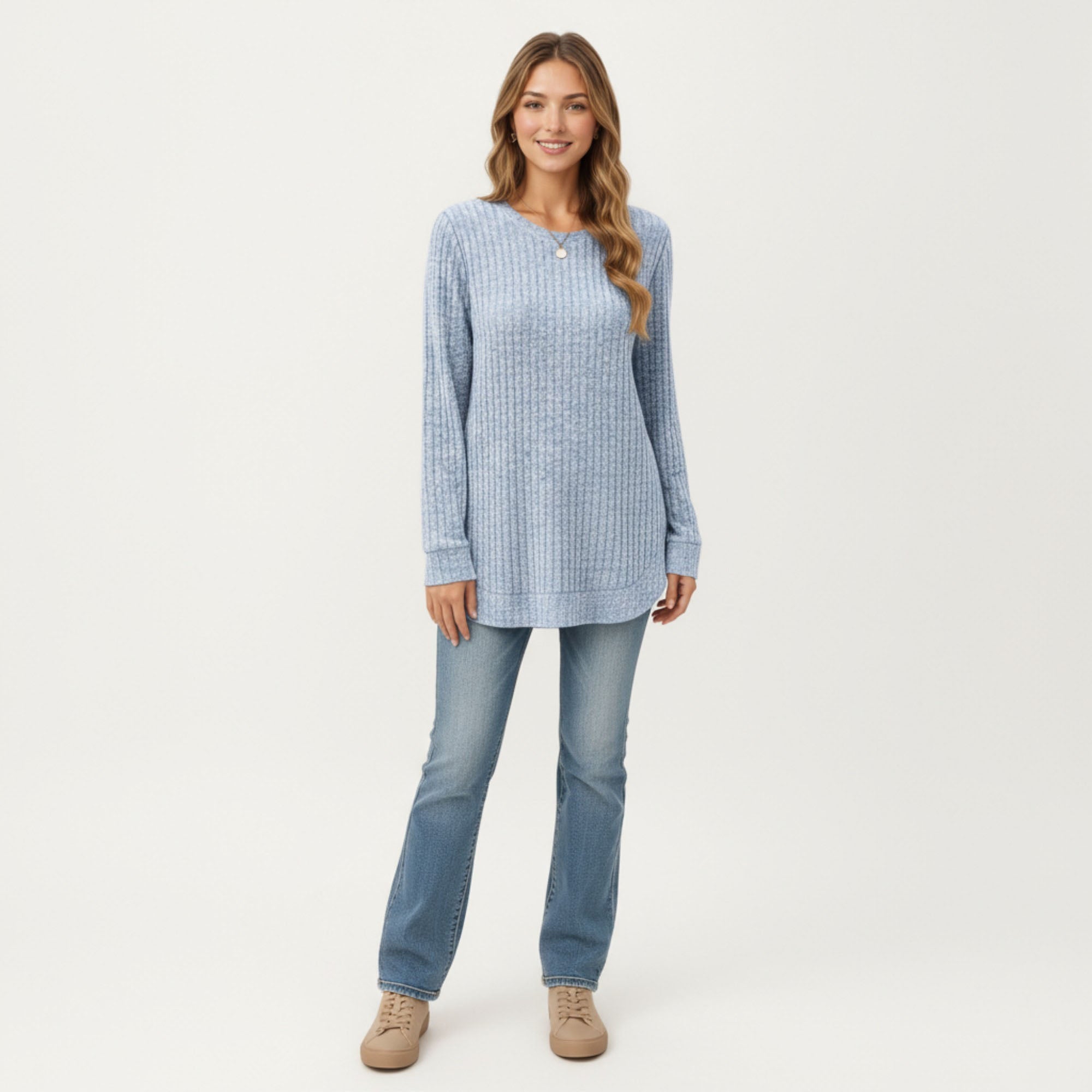 Anna-Kaci Women's Long Sleeve Ribbed Knit Top with Rounded Hem and Relaxed Fit