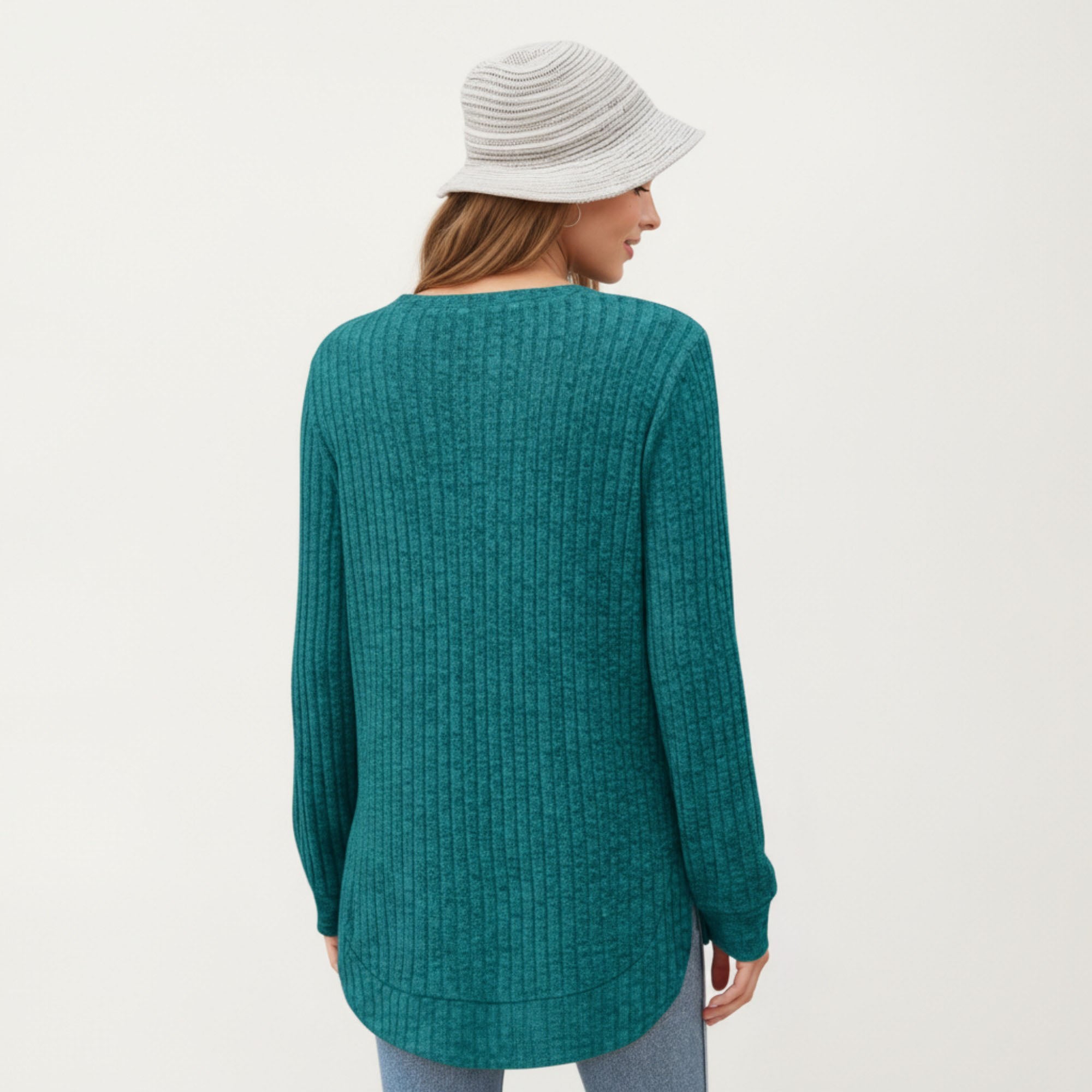 Anna-Kaci Women's Long Sleeve Ribbed Knit Top with Rounded Hem and Relaxed Fit