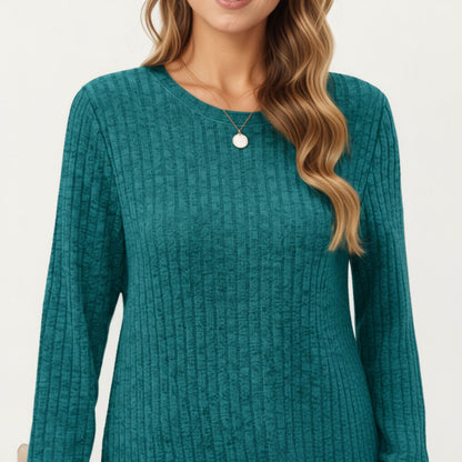 Anna-Kaci Women's Long Sleeve Ribbed Knit Top with Rounded Hem and Relaxed Fit
