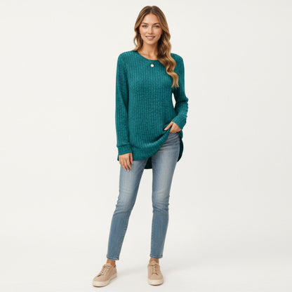 Anna-Kaci Women's Long Sleeve Ribbed Knit Top with Rounded Hem and Relaxed Fit