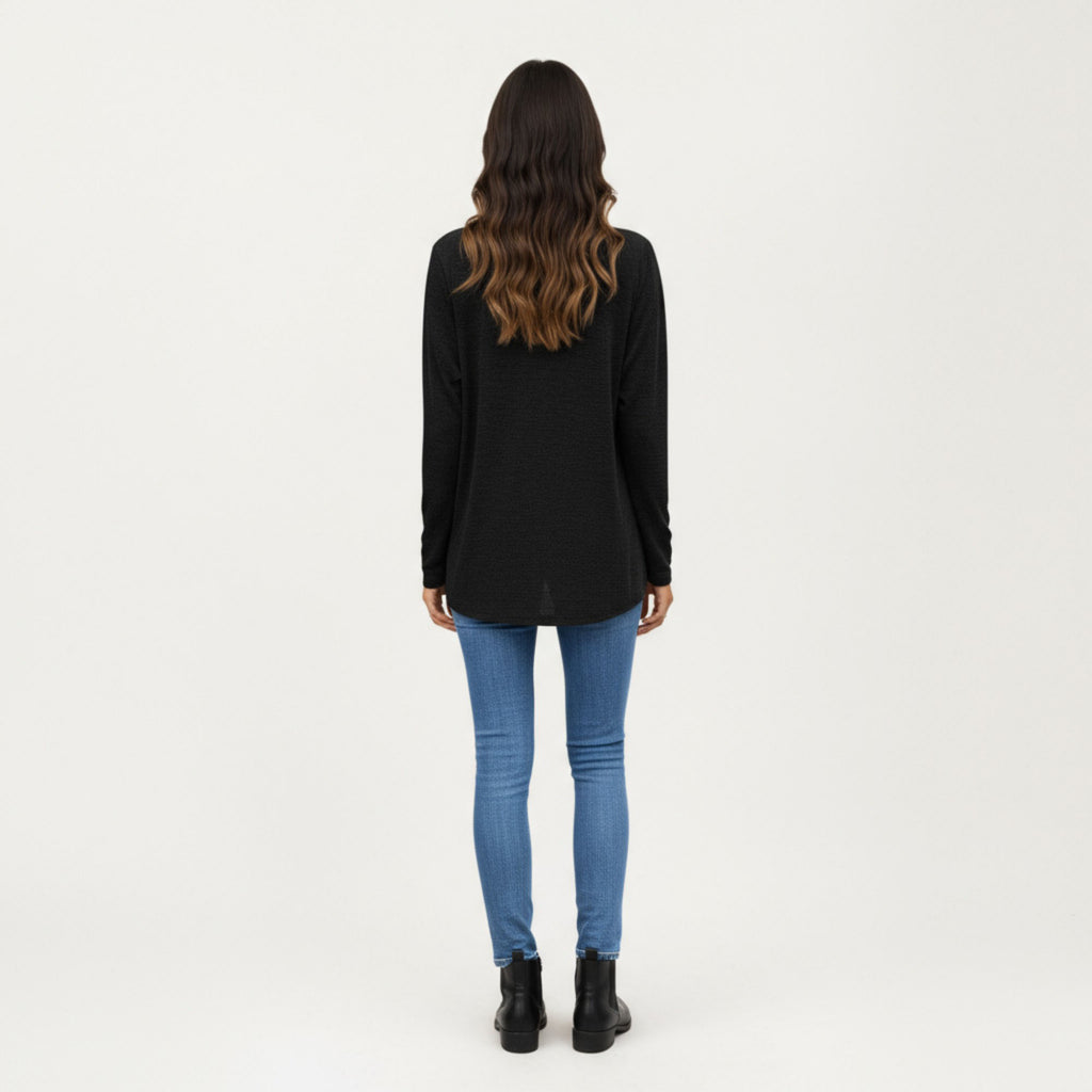 Anna-Kaci Women's Long Sleeve V-Neck Top with Subtle Front Pleat and Relaxed Fit